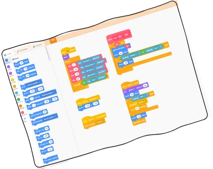 Learn beginner code concepts in Scratch with code based blocks.